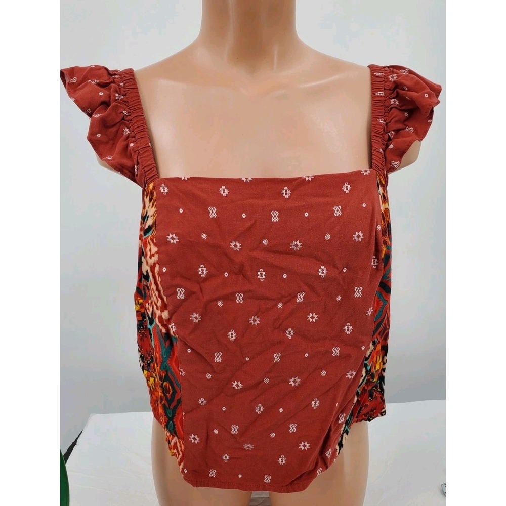 Torrid Challis Smocked Ruffle Trim Crop Top Sleeveless Orange Geo Women's Size 0